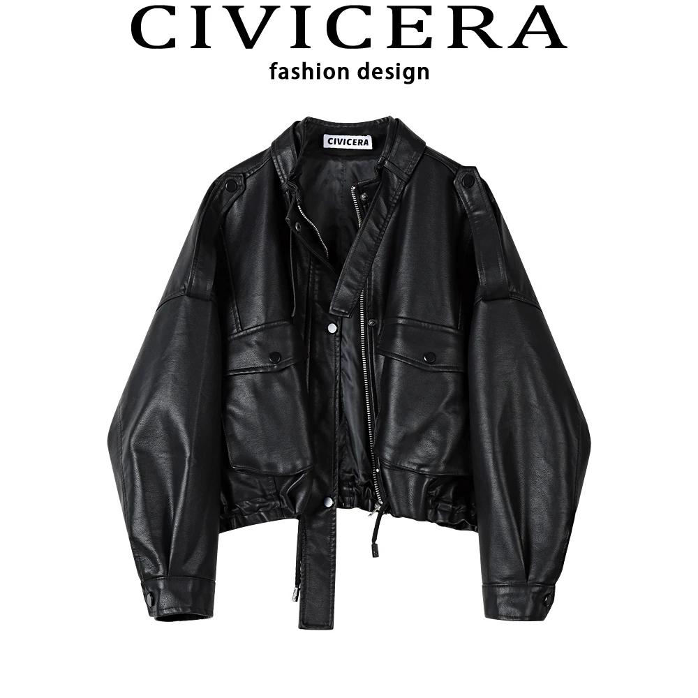 Civicera-Womens Short PU Leather Coat, American Vintage Loose All-Match Outerwear, Spring and Autumn Design, Motorcy